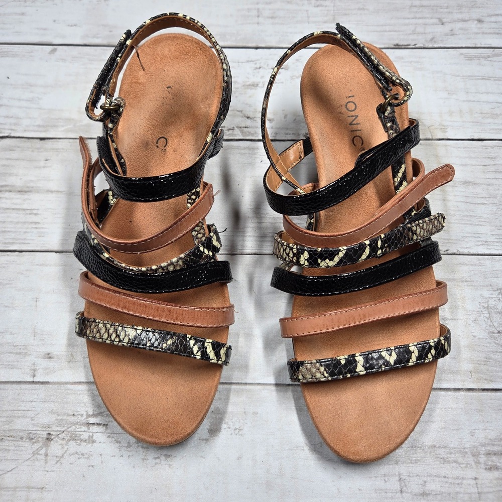 Vionic Tess Ray Wedge Sandals Strappy Snakeskin Black Tan Womens 8.5 Multi-Strap